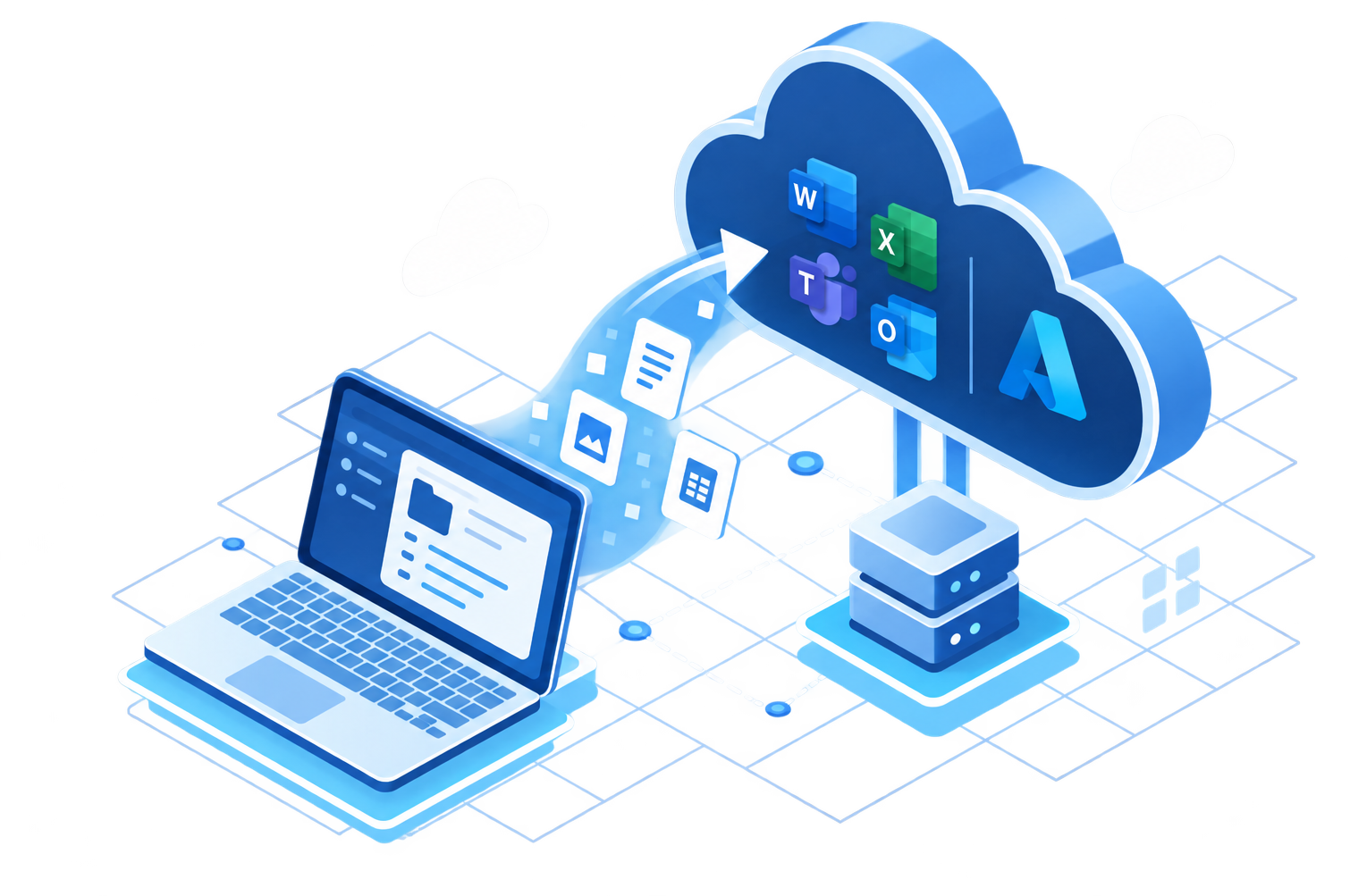 An isometric illustration of files moving from a laptop into Microsoft 365 and Azure