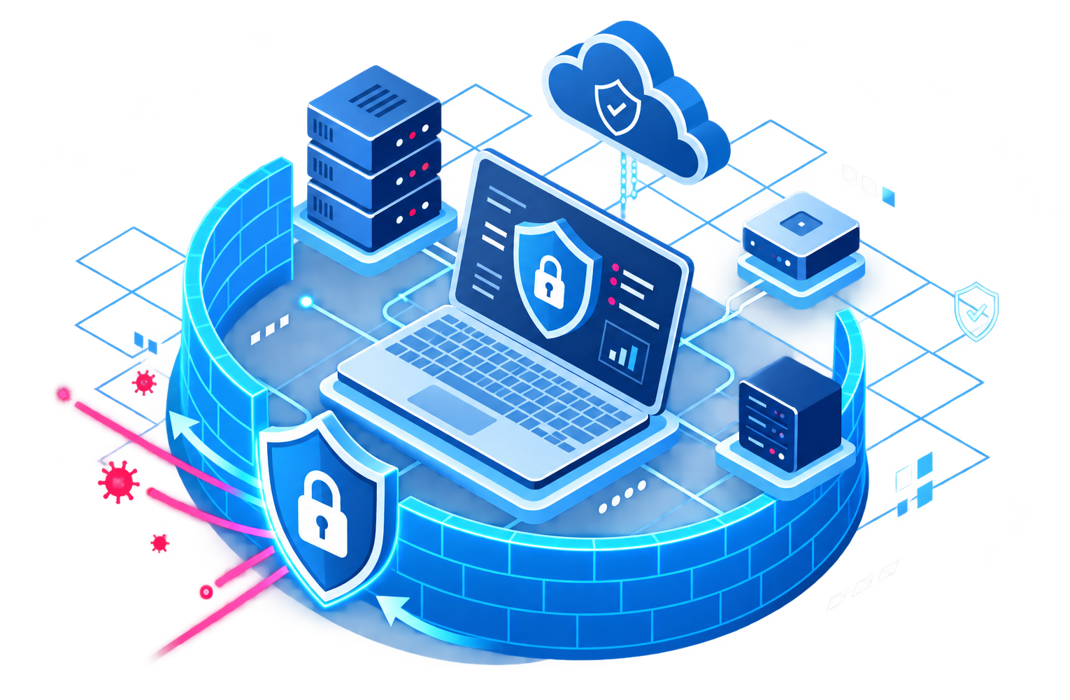 An isometric illustration of a firewall and shields protecting business systems